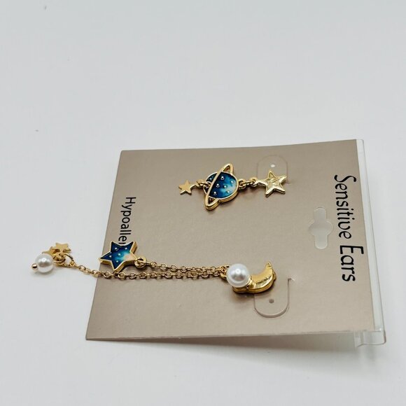 Mismatched Planet Star Moon Dangle Earrings Gold Blue Enamel Pearl Hypoallergeni - Picture 4 of 5
